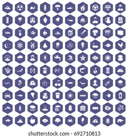 100 earth icons set in purple hexagon isolated vector illustration
