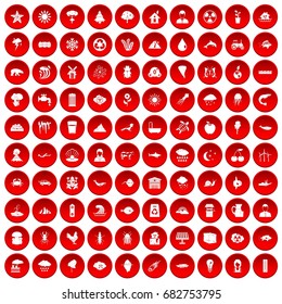 100 earth icons set in red circle isolated on white vector illustration