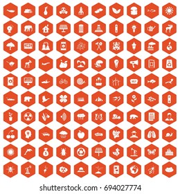100 eco care icons set in orange hexagon isolated vector illustration
