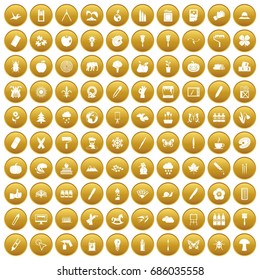 100 eco design icons set in gold circle isolated on white vectr illustration