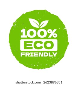 100% Eco amigável verde grunge borracha círculo carimbo para símbolo selo ícone adesivo etiqueta bagde, com folha plana simples. Ilustração de vetor