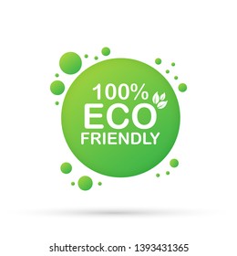 100% Eco friendly green leaf label sticker. Vector illustration.
