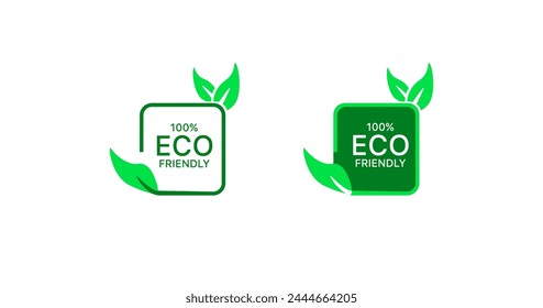 Signo 100% ecológico. Plano, verde, planeta verde, iconos de hojas, cuadrado signo ecológico, ecológico. Iconos vectoriales