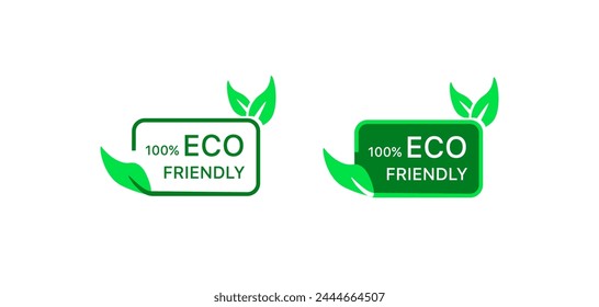 100% Eco friendly sign. Flat, green, leaf icons, green planet, rectangular Eco friendly sign, eco friendly. Vector icons