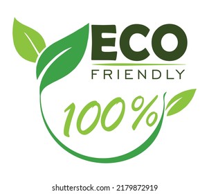 100% Eco friendly stamp icons Vector illustration with Green organic plant leaf. Eco friendly green leaf label sticker. 2d vector illustration.