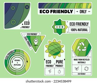 100 % Eco friendly sticker set. For printing, packaging, label. Symbols and icons confirming the purity and quality of the product, and recycled use. Artistic drawing, vector illustration.