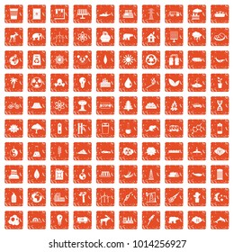 100 eco icons set in grunge style orange color isolated on white background vector illustration