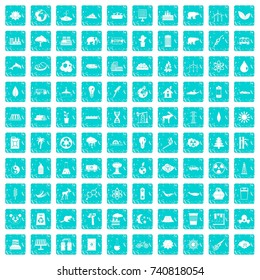 100 eco icons set in grunge style blue color isolated on white background vector illustration