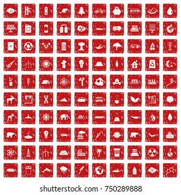 100 eco icons set in grunge style red color isolated on white background vector illustration
