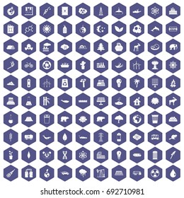 100 eco icons set in purple hexagon isolated vector illustration