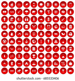 100 eco icons set in red circle isolated on white vectr illustration