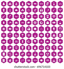 100 eco icons set in violet hexagon isolated vector illustration