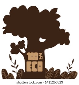 100% ECO -  light line lettering on brown tree silhouette. Text for cards, posters, banners, prints, logos, products presentations. White isolated background. 