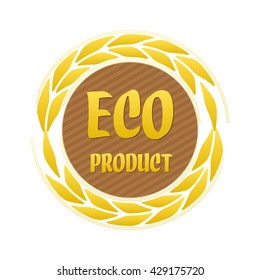 100% Eco product label or tag, with ears. Yellow, gold and brown colors