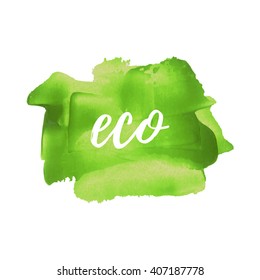 100% Eco Product vector word, text, icon, symbol, poster, logo on hand drawn green paint background illustration
