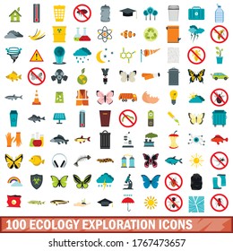 100 iconos de exploración ecológica establecidos en estilo plano para cualquier ilustración vectorial de diseño