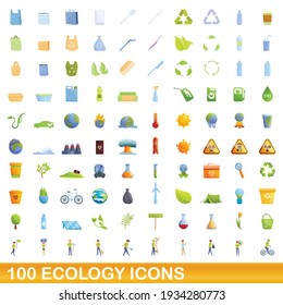 100 íconos de ecología. Ilustración de dibujos animados de 100 iconos ecológicos conjuntos de vectores aislados en fondo blanco