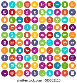 100 ecology icons set in different colors circle isolated vector illustration