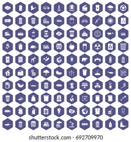 100 ecology icons set in purple hexagon isolated vector illustration