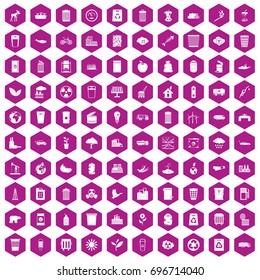 100 ecology icons set in violet hexagon isolated vector illustration