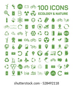 100 ícones verdes ecologia e natureza definidos no fundo branco. Ilustração vetorial de Eco, natural, bio