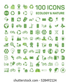 100 ecology & nature green icons set on white background. Vector illustration of Eco, natural, bio 