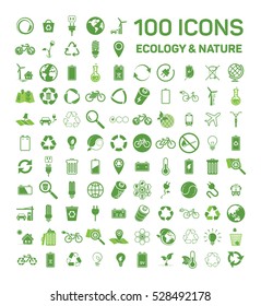 100 ecology & nature green icons set on white background. Vector illustration of Eco, natural, bio 