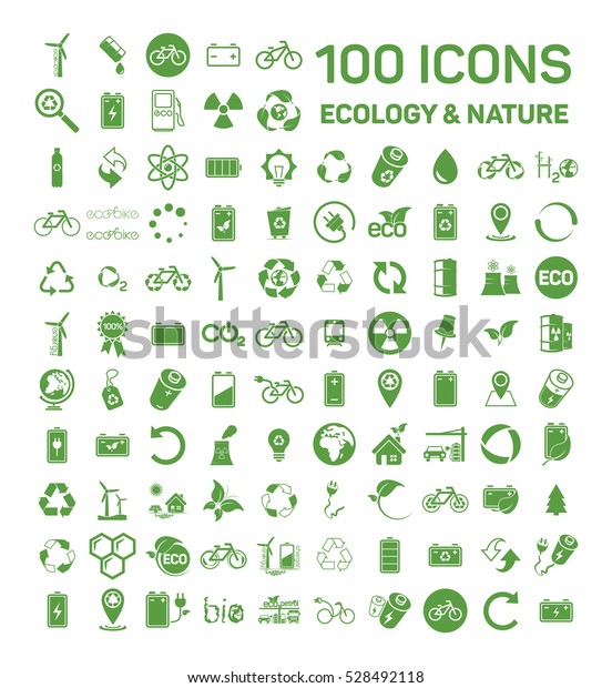 100 ecology &\
nature green icons set on white background. Vector illustration of\
Eco, natural, bio 