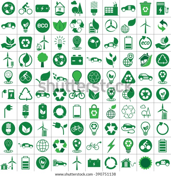 100 ecology
recycle icons set on white
background