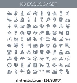 100 Ecology universal icons pack with Renewable energy, Rain, Sustainable factory, Battery, Sustainability, Gas station, Flower, Electric energy