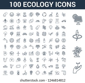 100 ecology universal linear icons set with Plant on a hand, Tree many leaves, Energy, Solar Two Forest, Factory, tree, Reload, Flower