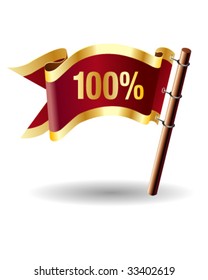 100% e-commerce icon on royal vector flag button good for use in print, on websites, or on promotional materials.