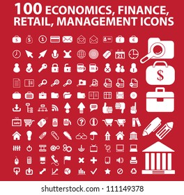 100 economics, finance, retail, management icons set, vector