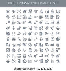 100 economy and finance universal icons pack with Population, Profits, Productivity, Deal, Handshake, Growth, Invoice, Exchange, Savings