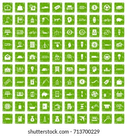 100 economy icons set in grunge style green color isolated on white background vector illustration