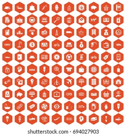 100 economy icons set in orange hexagon isolated vector illustration