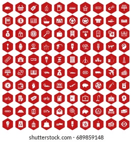100 economy icons set in red hexagon isolated vector illustration
