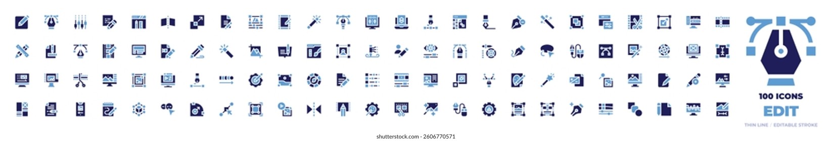 100 Edit Icons Collection. Bold style. Duotone colors. edit, graphic design, mixer, note, edit video, flip, scale, edit file, photo editing, magic wand.