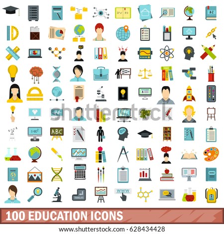 100 education flat icons set. Illustration of education flat icons isolated vector for any design