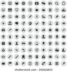 100 Education Icons, Black On Circle Gray Background 