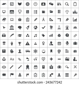 100 education icons, black on square white background 