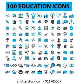 100 education icons: learning, study, science, lesson, school, research. Vector illustration.