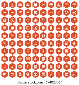 100 education icons set in orange hexagon isolated vector illustration
