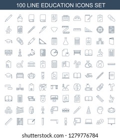 100 education icons. Trendy education icons white background. Included line icons such as board, teacher, classroom, ink pen, ruler, test tube. education icon for web and mobile.