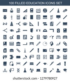 100 education icons. Trendy education icons white background. Included filled icons such as arrows up, apple on book, medical hammer, calculator. education icon for web and mobile.