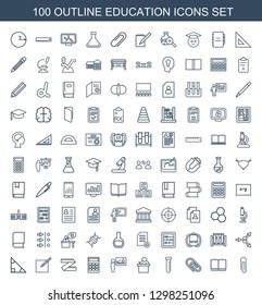 100 education icons. Trendy education icons white background. Included outline icons such as paper clip, book, clip, test tube, teacher, calculator. education icon for web and mobile.