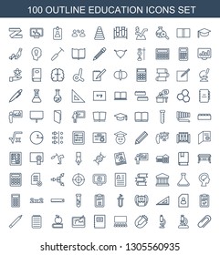 100 education icons. Trendy education icons white background. Included outline icons such as clip, microscope, magnet, classroom, notepad, pen tool on tablet. education icon for web and mobile.