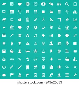 100 education icons, white on green background 