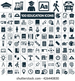 100 education school graduation icons set on white background