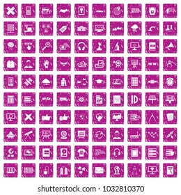 100 education technology icons set in grunge style pink color isolated on white background vector illustration